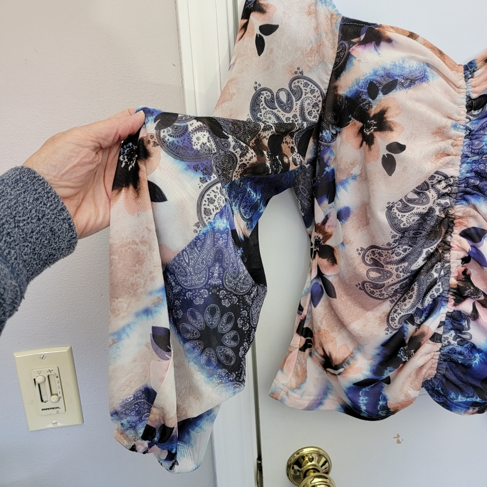Boston Proper Ruched Off The Shoulder Blue Cream Watercolor Paisley Blouse Med - Picture 3 of 9